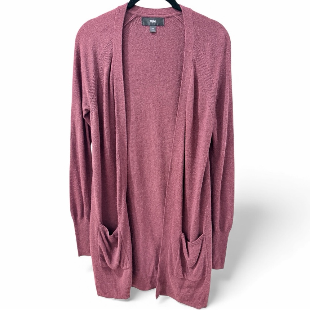 Mossimo burgundy red open-front cardigan with pockets and side slits